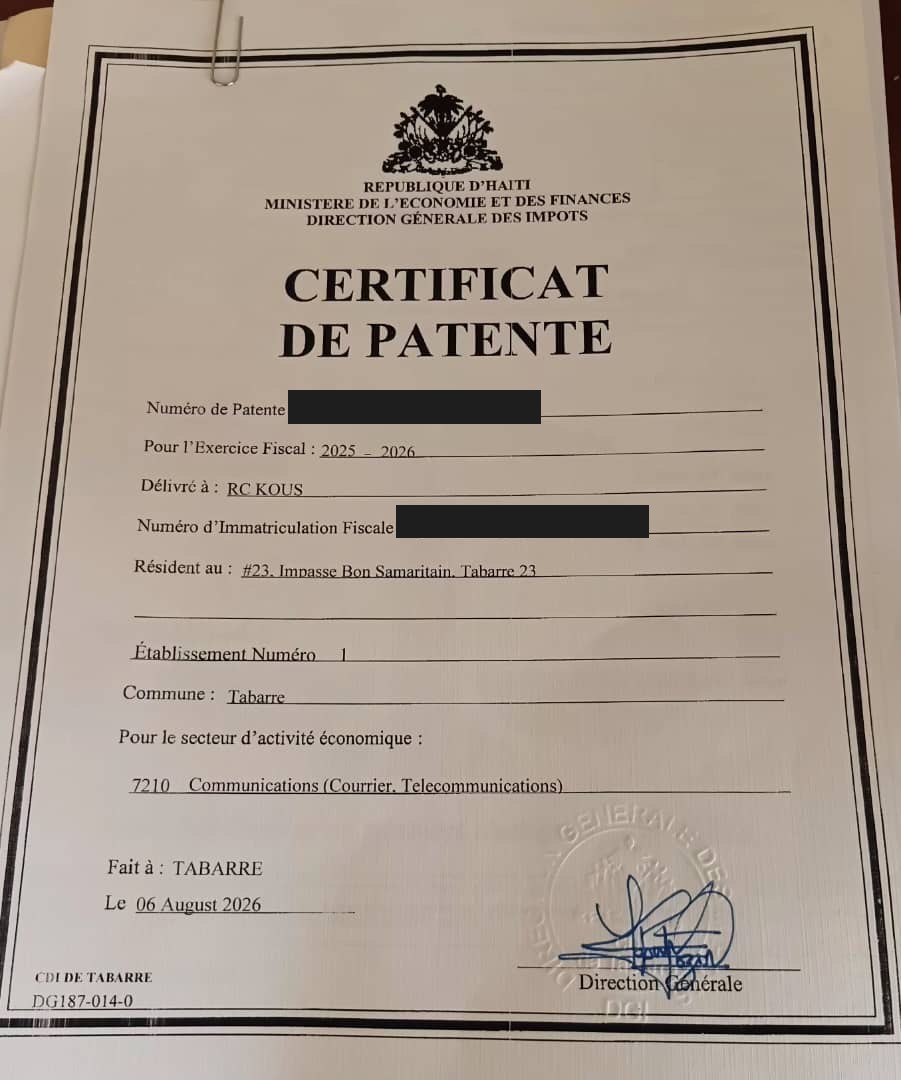 Sètifika patant RC KOUS bay pa DGI (nimewo maske)