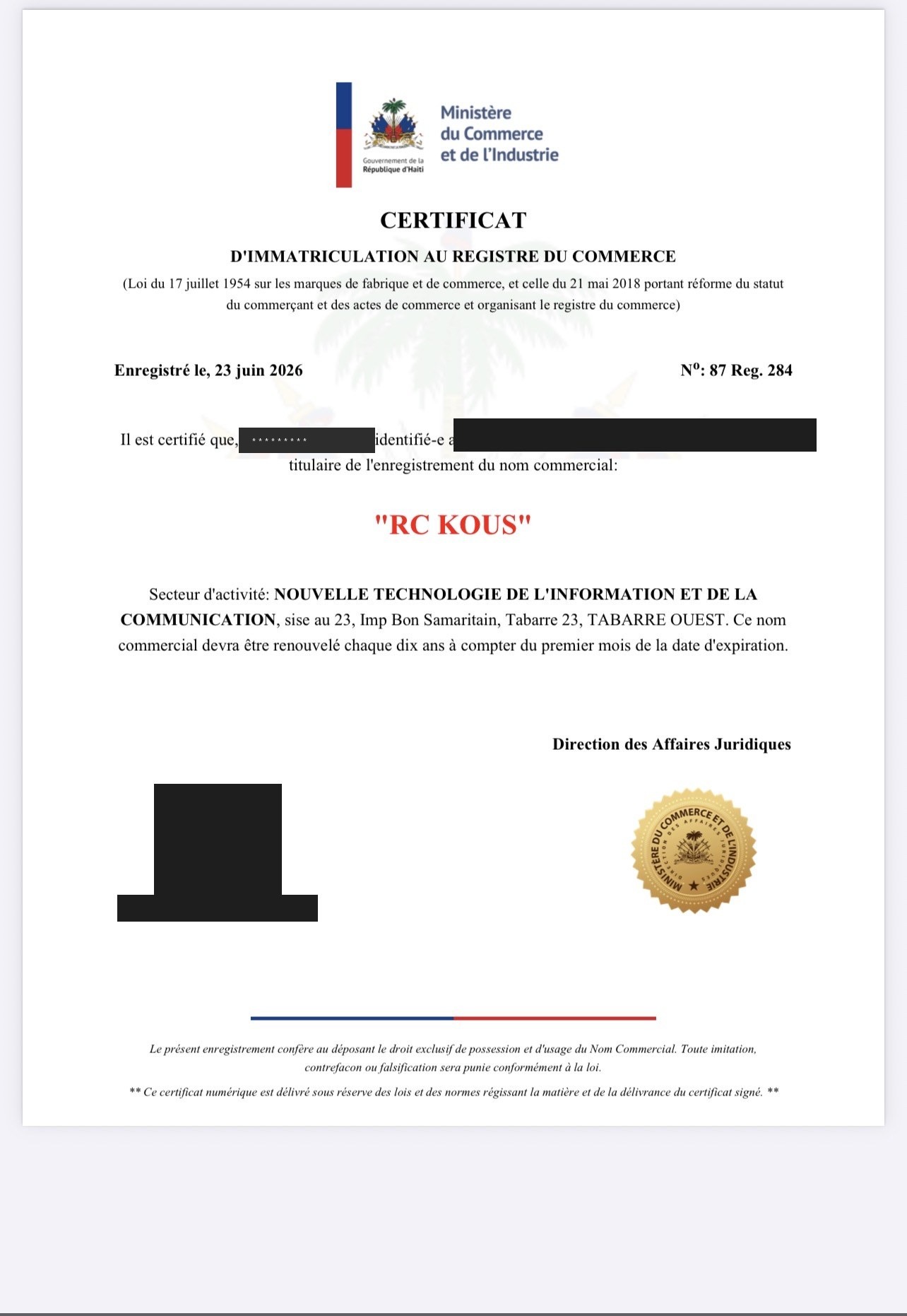 Sètifika imatrikilasyon RC KOUS nan Rejis Komès (nimewo maske)